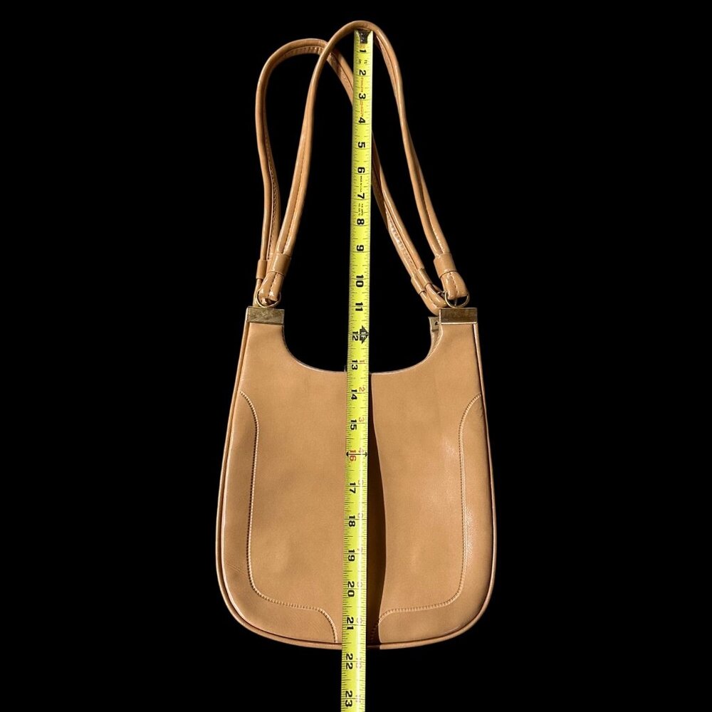 Vintage Purse Vinyl Shoulder Bag Double Strap Beige Tan 1960s Retro Fashion - Picture 9 of 10